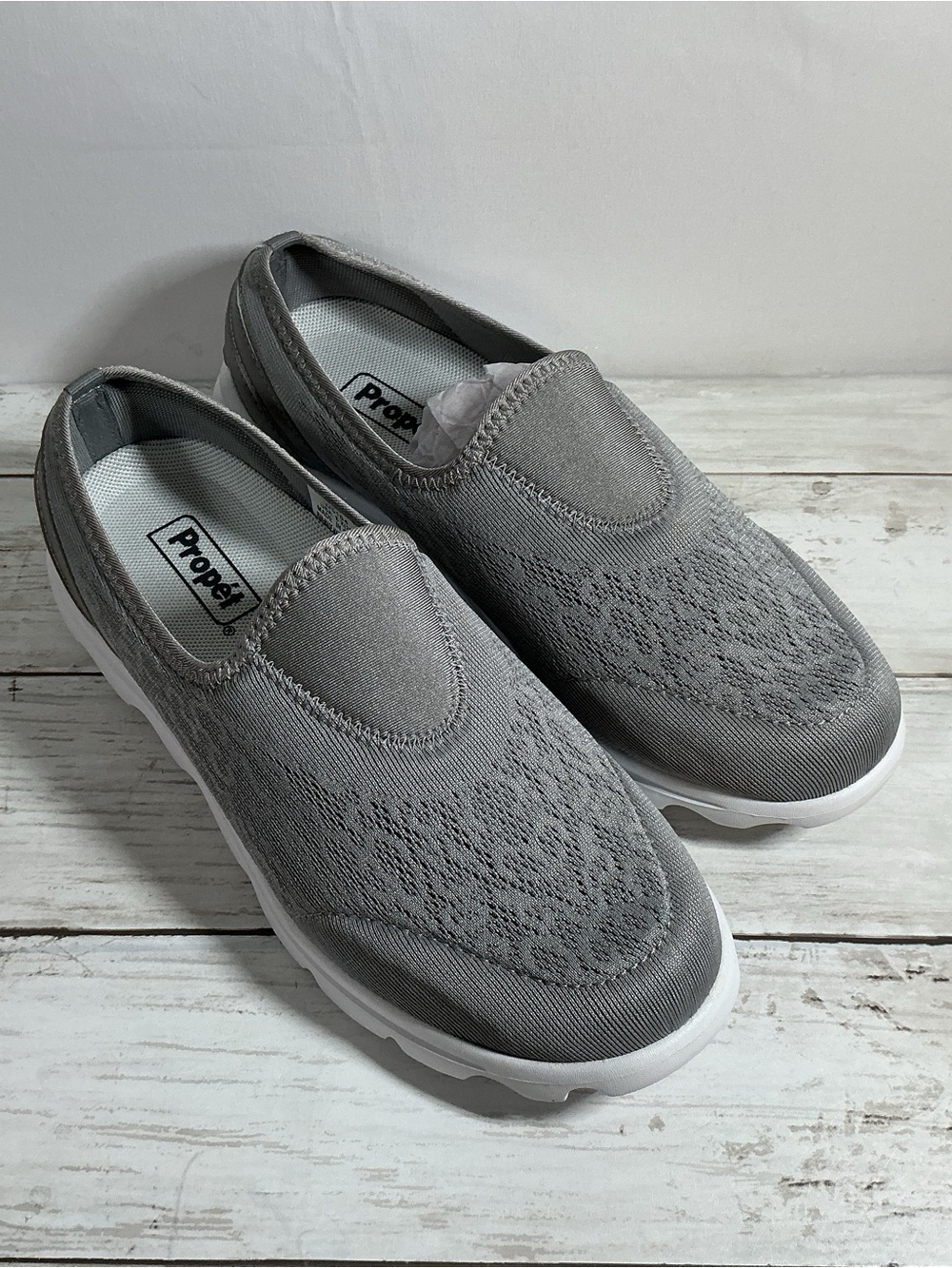 Propet Gray Knit Slip-On Walking Shoes with White Sole